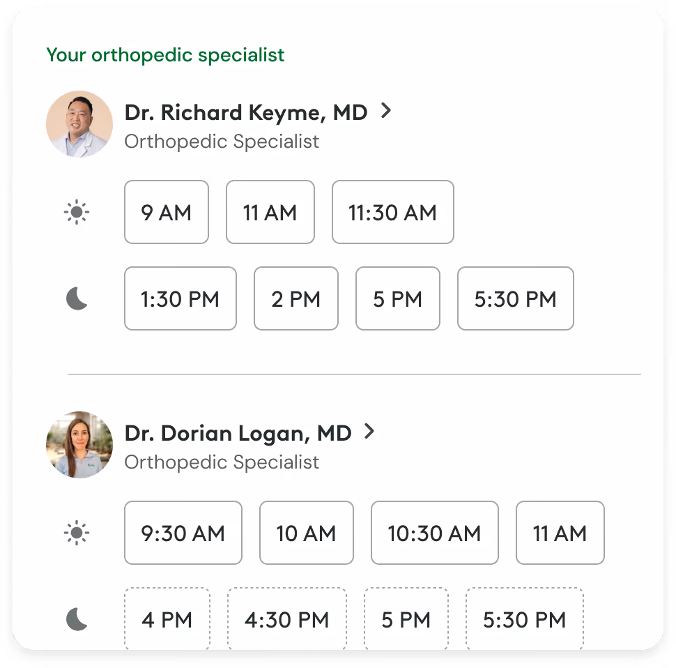 Scheduling interface showing available appointment times for orthopedic specialists Dr. Richard Keyme and Dr. Dorian Logan with day and evening slots.