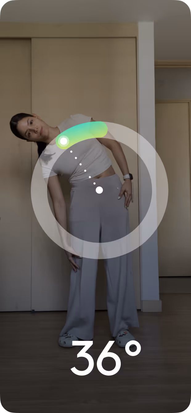 Woman performing a side stretch with a 36-degree range of motion indicator overlayed.