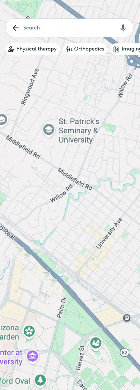 Map showing multiple physical therapy centers affiliated with Hinge Health.