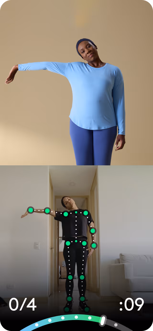 Top: Woman in blue long-sleeve shirt and purple leggings stretching arm sideways against beige background. Bottom: Person in black outfit performing the same stretch with digital motion tracking overlay and exercise progress icons.