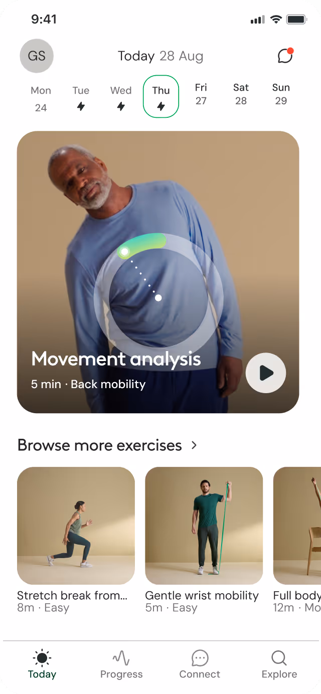 Mobile app screen showing a movement analysis exercise for back mobility with a man leaning sideways in a blue shirt, plus browsing more exercises including stretch break and wrist mobility.