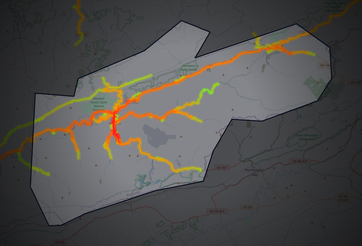 Traffic map of Harlan, Kentucky