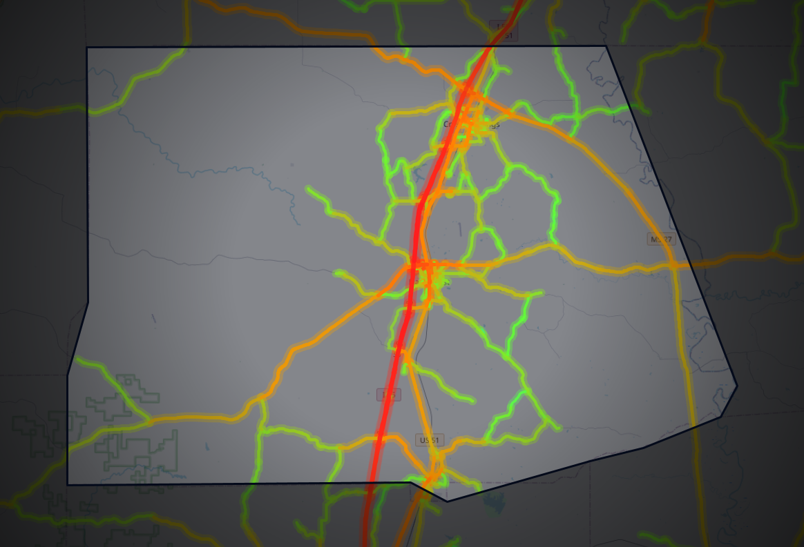 Traffic map of Copiah, Mississippi