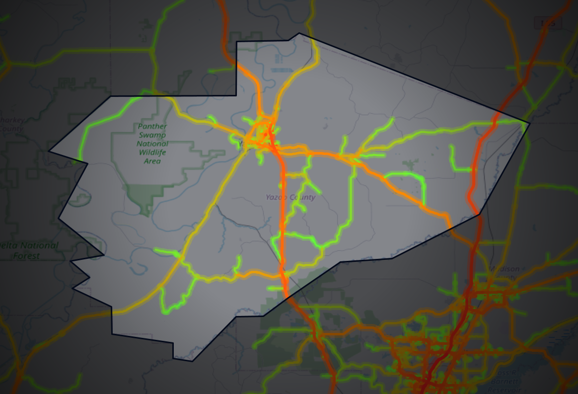 Traffic map of Yazoo, Mississippi