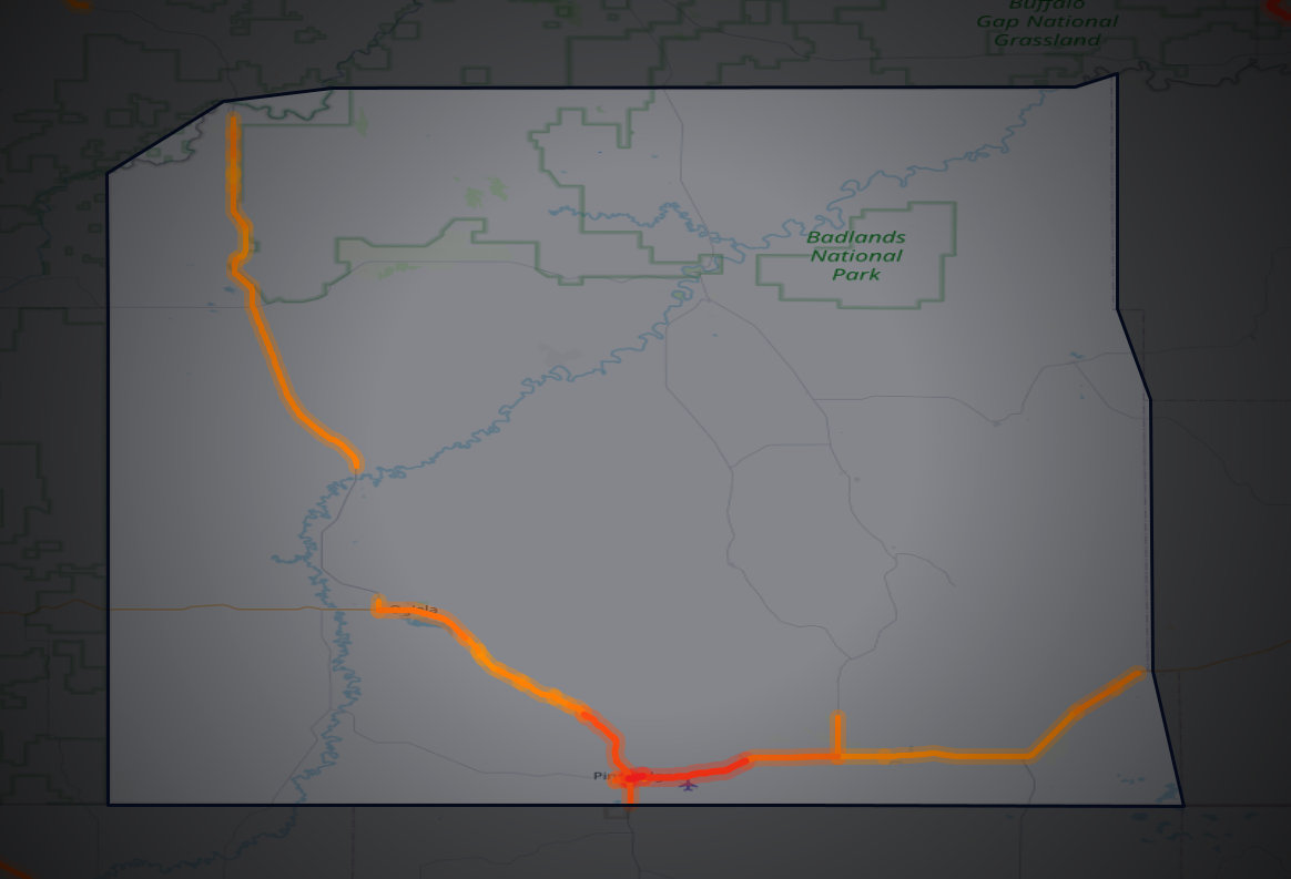 Traffic map of Oglala Lakota, South Dakota