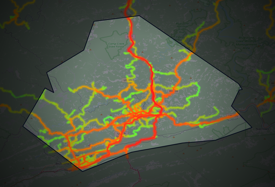 Traffic map of Mercer, West Virginia