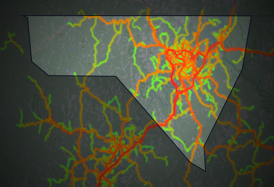 Traffic map of Monongalia, West Virginia
