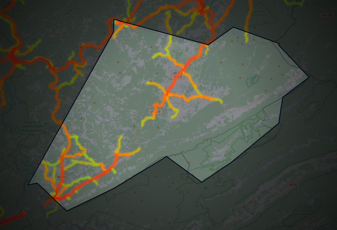 Traffic map of Monroe, West Virginia