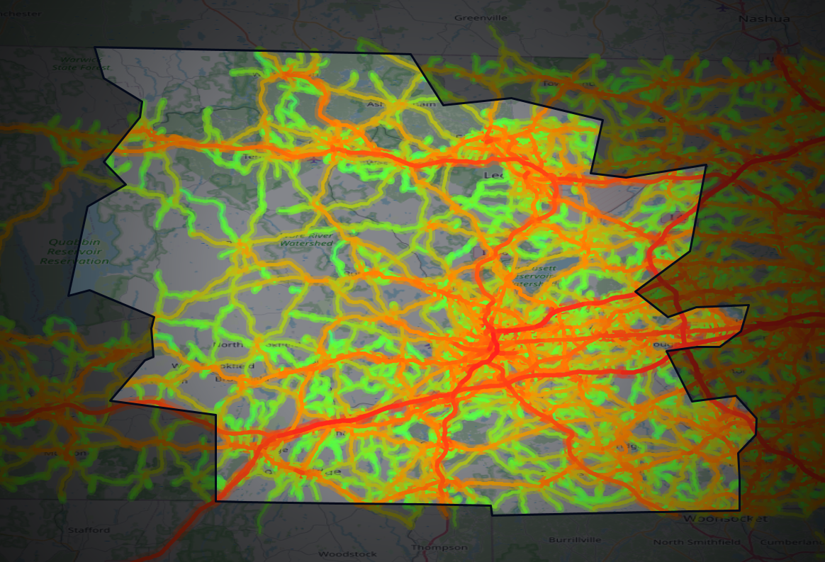 Traffic map of Worcester, Massachusetts