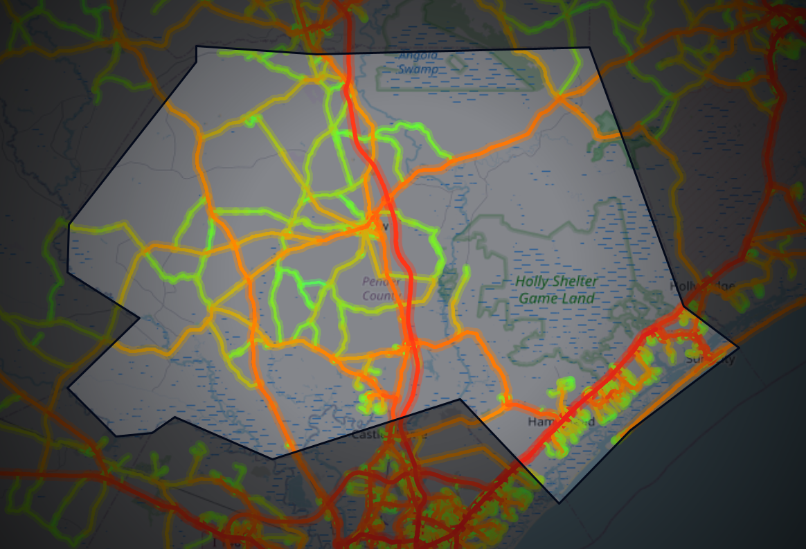 Traffic map of Pender, North Carolina