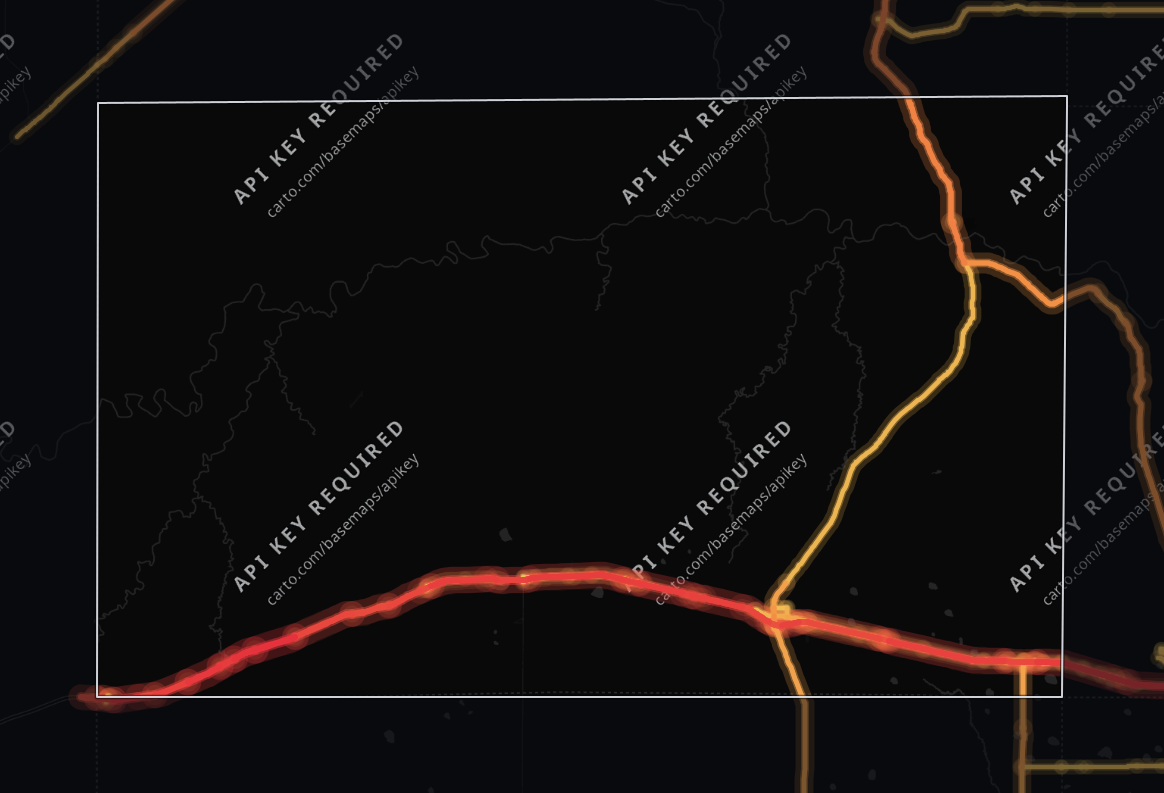 Traffic heat map of Oldham County, Texas: 206 miles of roads shaded from blue (light) to red (heavy traffic), busiest on I 40 and US 385