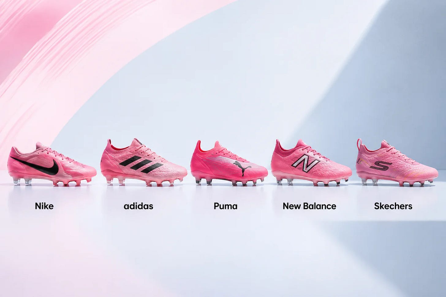 A studio product lineup displaying five different brands of vibrant, hot pink football boots arranged in a row against a light background with subtle pink and grey shadows. From left to right, the labeled boots are: a Nike boot with a prominent black swoosh; an Adidas boot with three black diagonal stripes; a Puma boot with a black leaping cat logo near the toe; a New Balance boot with a black and silver bordered "N" logo; and a Skechers boot featuring a black and gold "S" logo on the side. All five models share the same striking bright pink colorway but retain each brand's distinct structural design and branding.