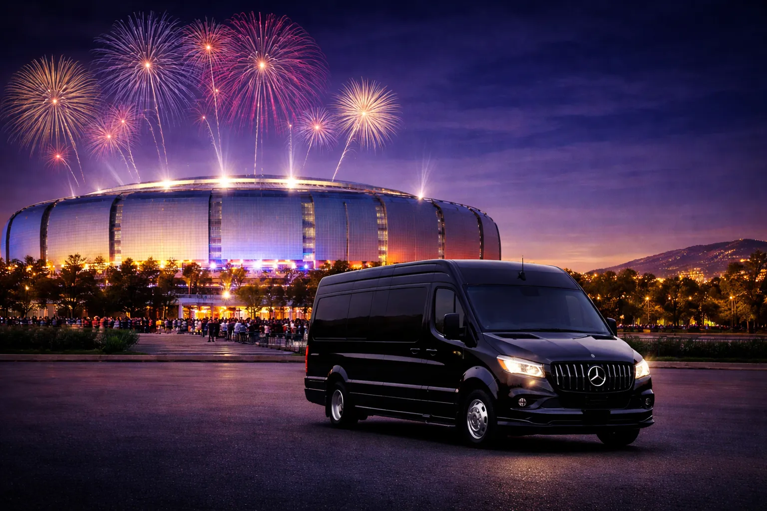 Luxury van and stadium lights at night — State 48 Limo event transportation Phoenix
