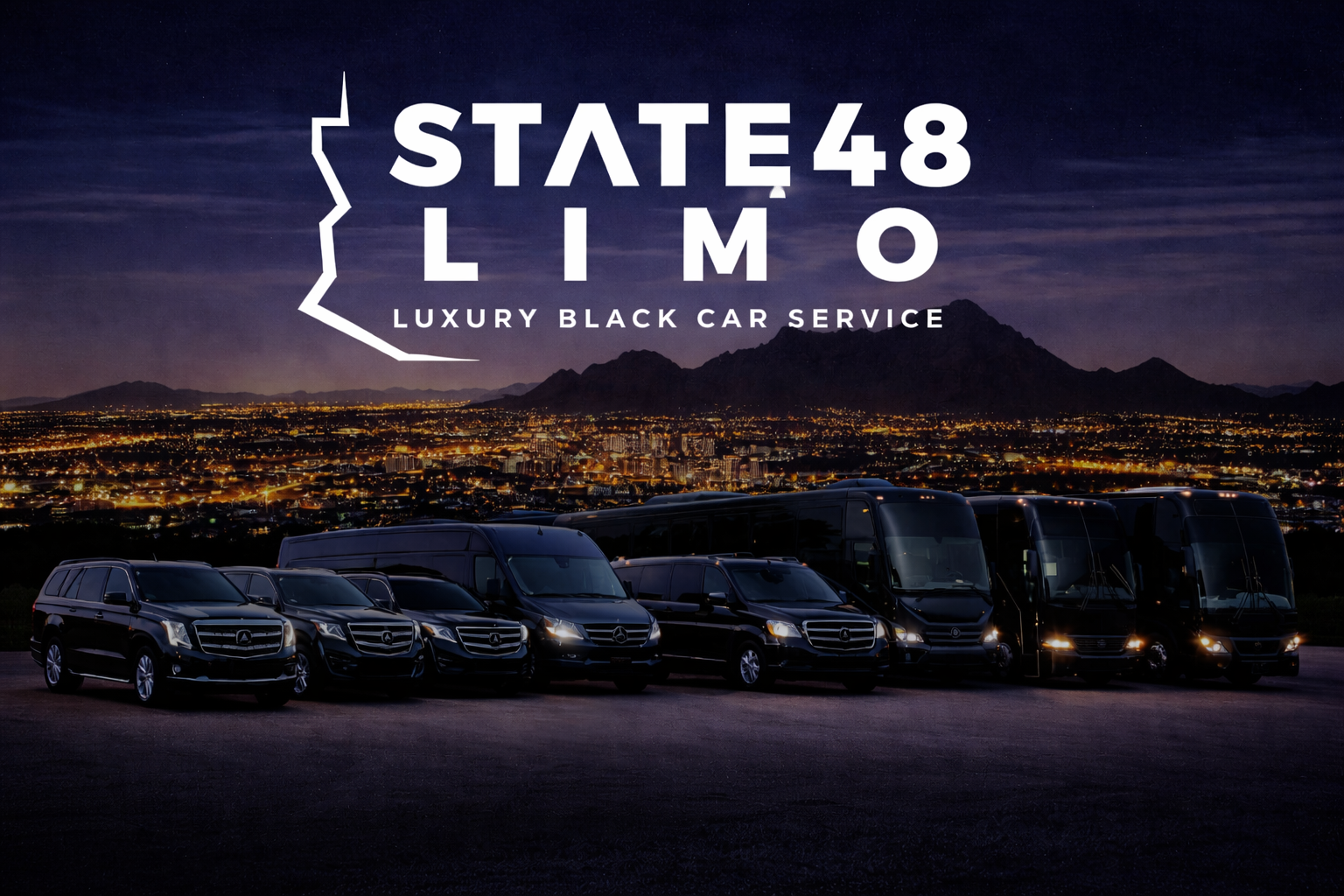 Fleet of black luxury vehicles including SUVs, vans, and buses parked with city lights and mountains at night, with State48 Limo logo.