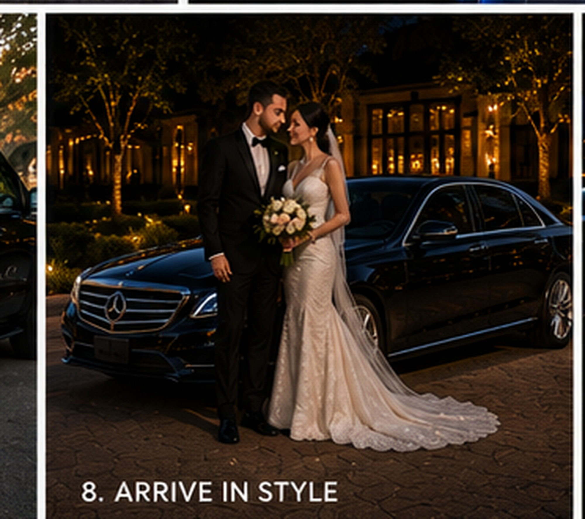 Wedding couple arriving in State 48 Limo luxury black car