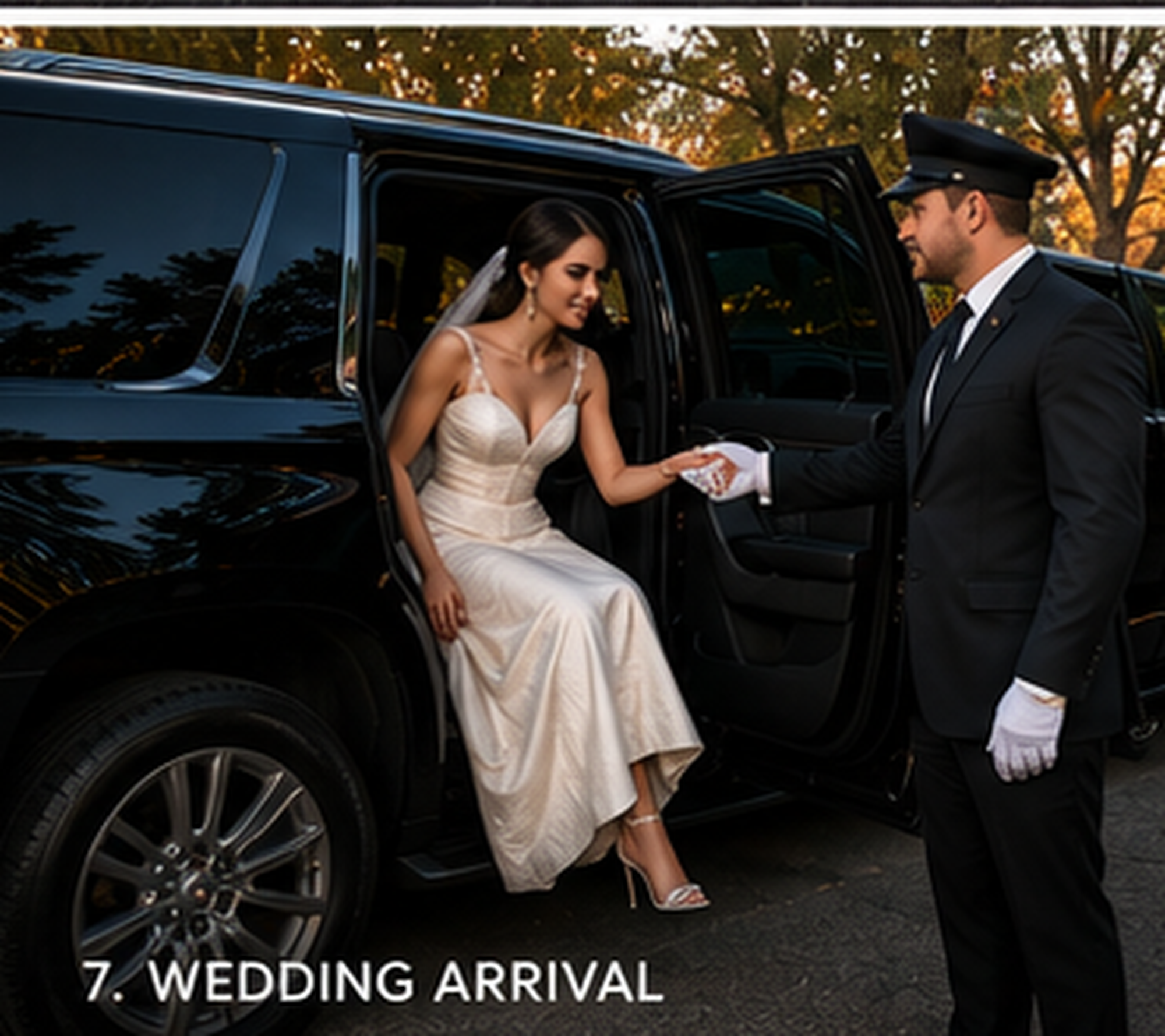 State 48 Limo chauffeur assisting bride from luxury SUV on wedding day