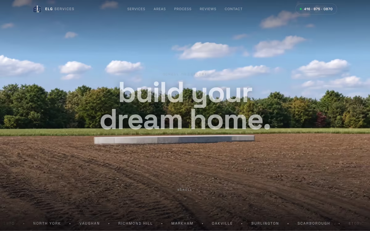 ELG Services homepage with a cinematic hero and the headline build your dream home