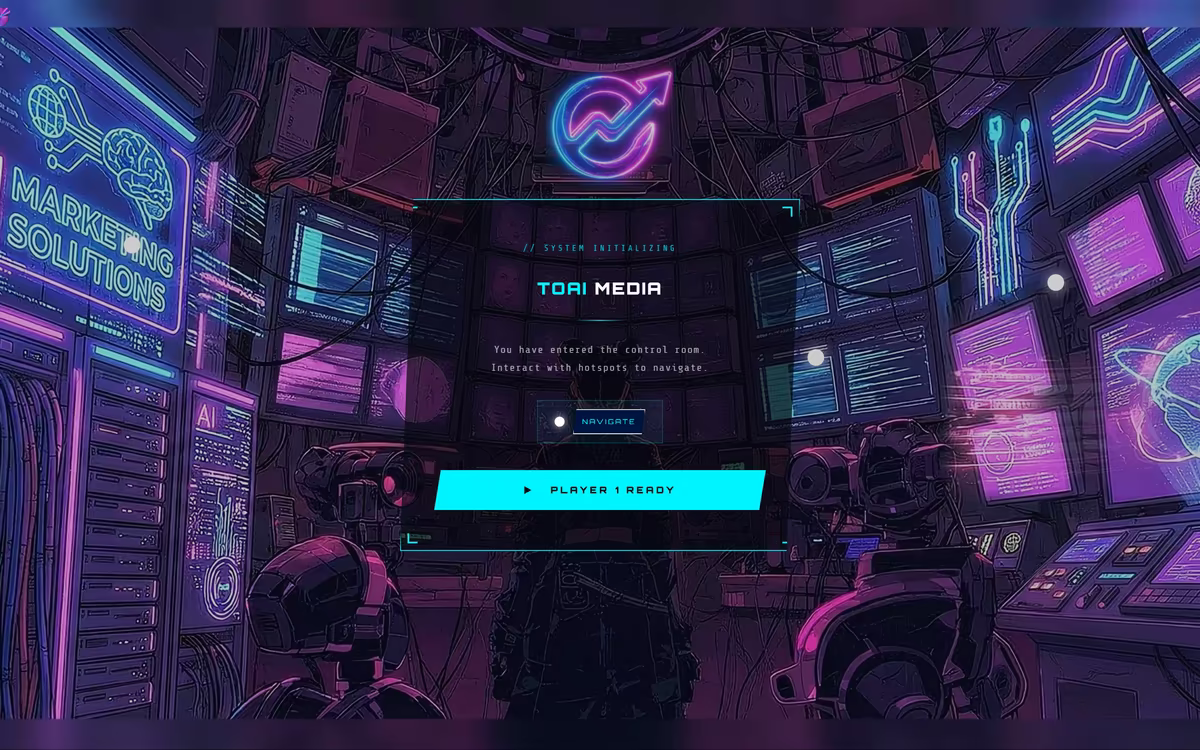 ToAi Media homepage showing the cinematic control room entry screen