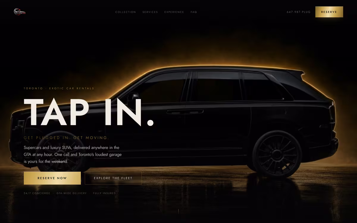 Auto Plug Network homepage with a blacked out luxury SUV lit in gold and the headline tap in
