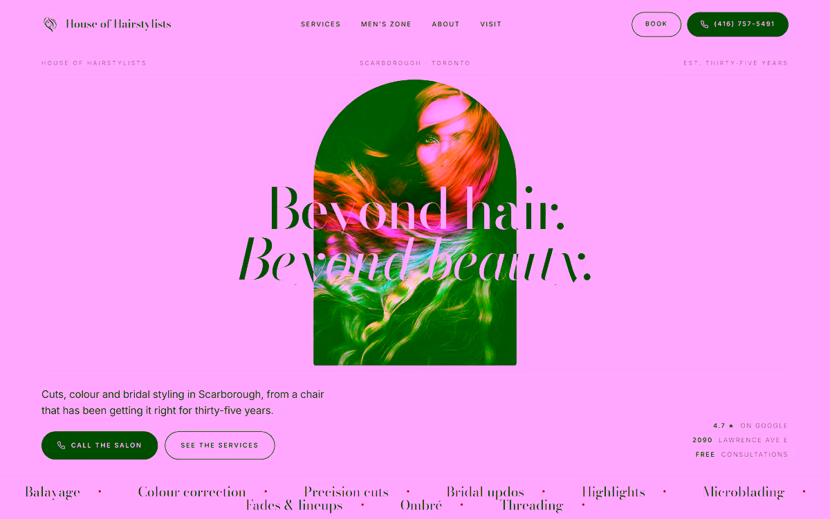House of Hairstylists homepage with an arch photo plate and the headline beyond hair, beyond beauty