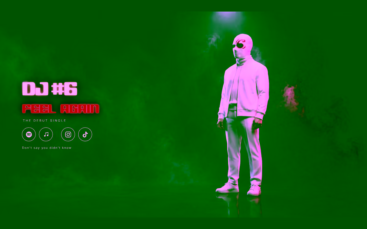 Dj #6 homepage with a masked figure in white lit by pink and blue smoke under the title feel again