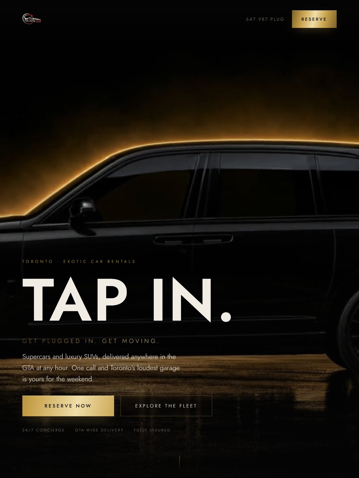 The Auto Plug Network homepage, a blacked out luxury SUV lit in gold under the headline Tap In
