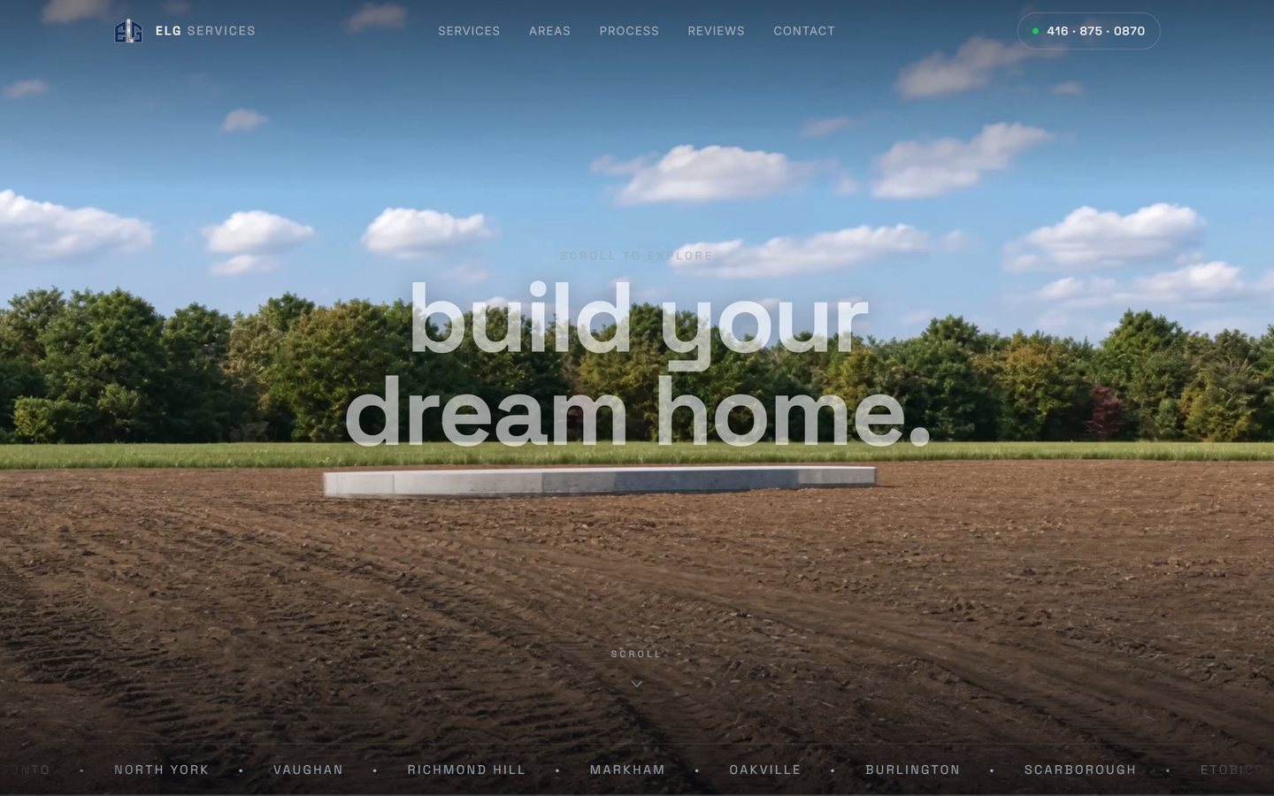 The ELG Services homepage with a cinematic hero and the headline build your dream home