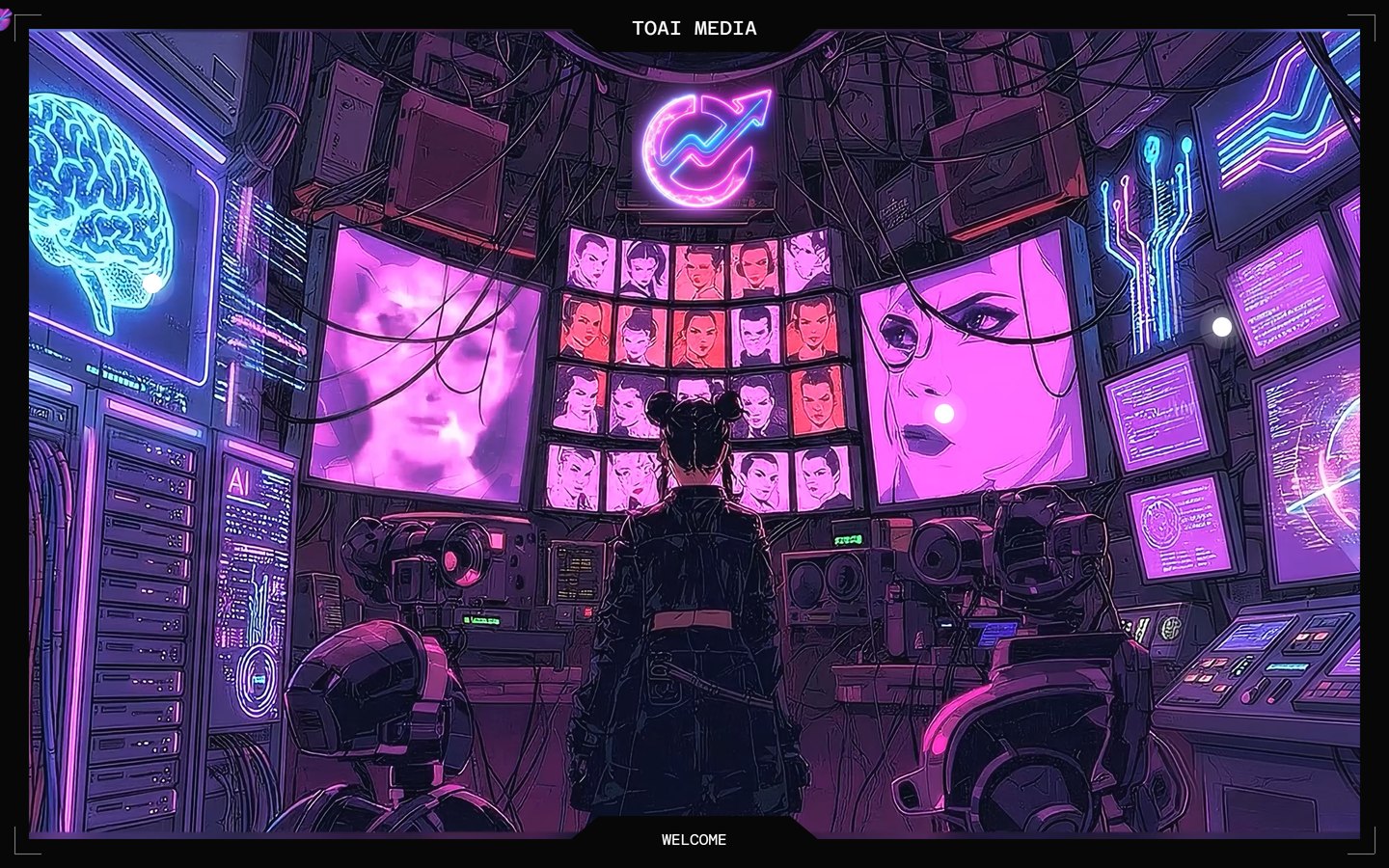 The ToAi Media control room entry screen, a neon lit room of monitors with an operator at the console