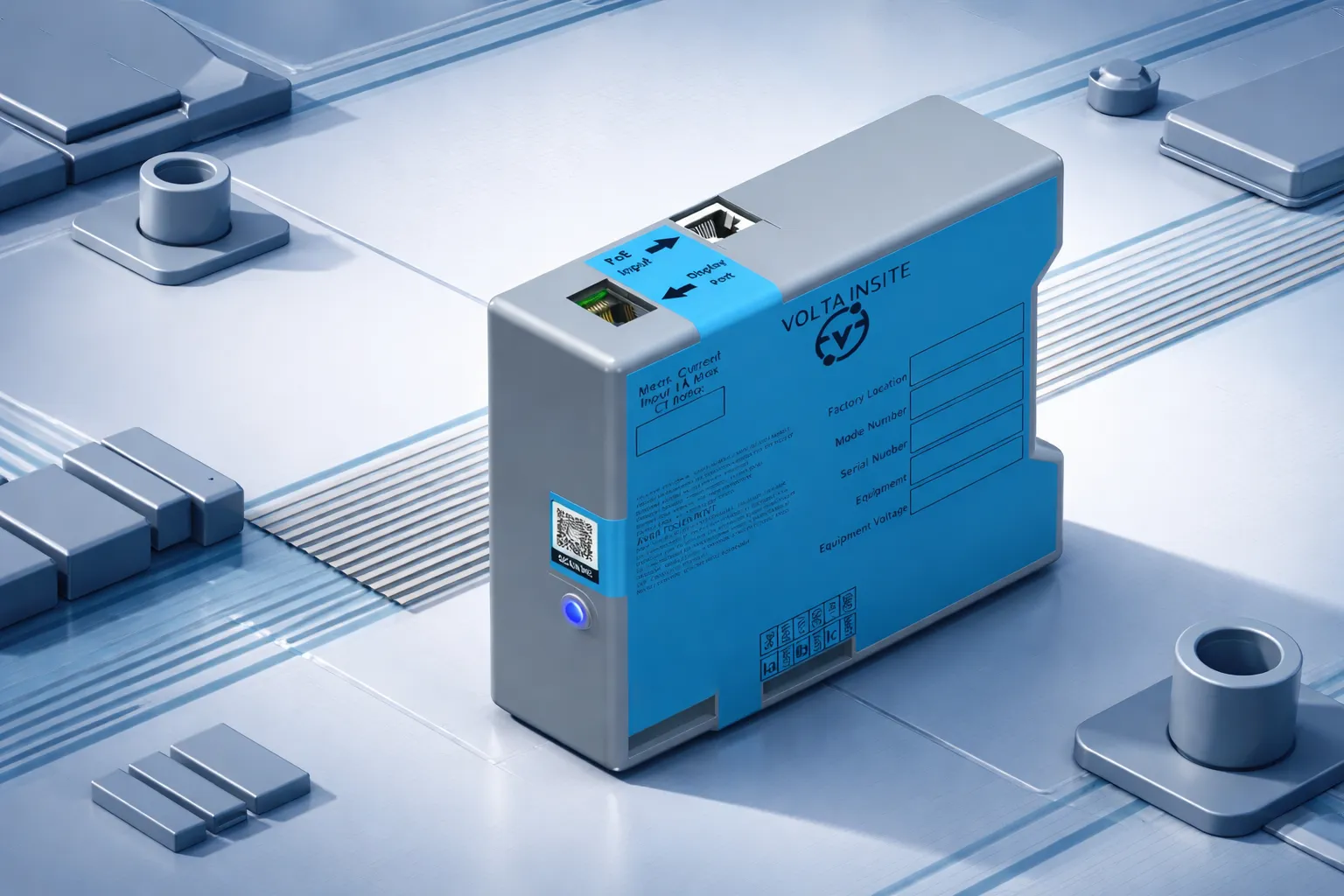 Volta Insite electronic device with input ports, labelled POE input and display port, placed on a metallic surface with circuit-like patterns.