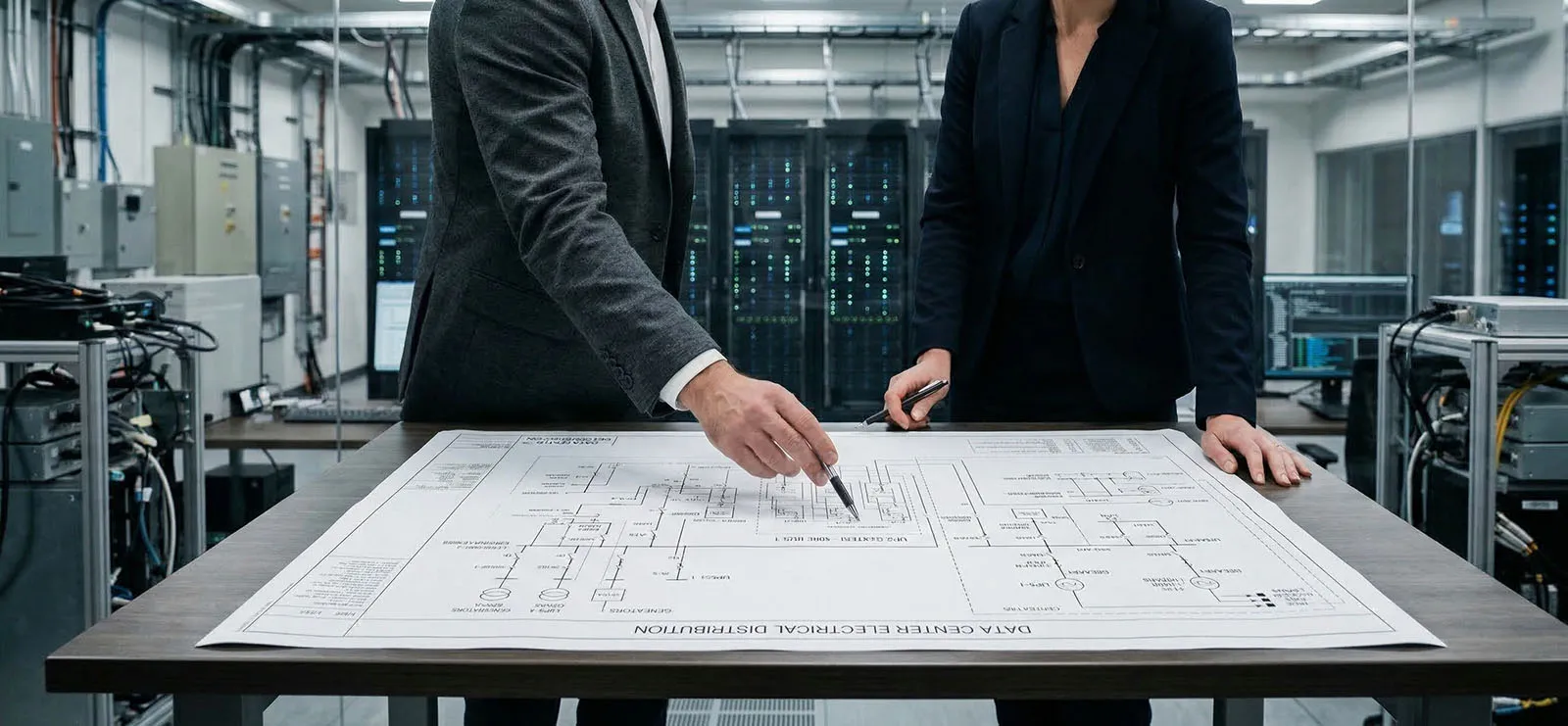 Two professionals in business attire discussing an electrical blueprint on a table in a modern data centre server room.