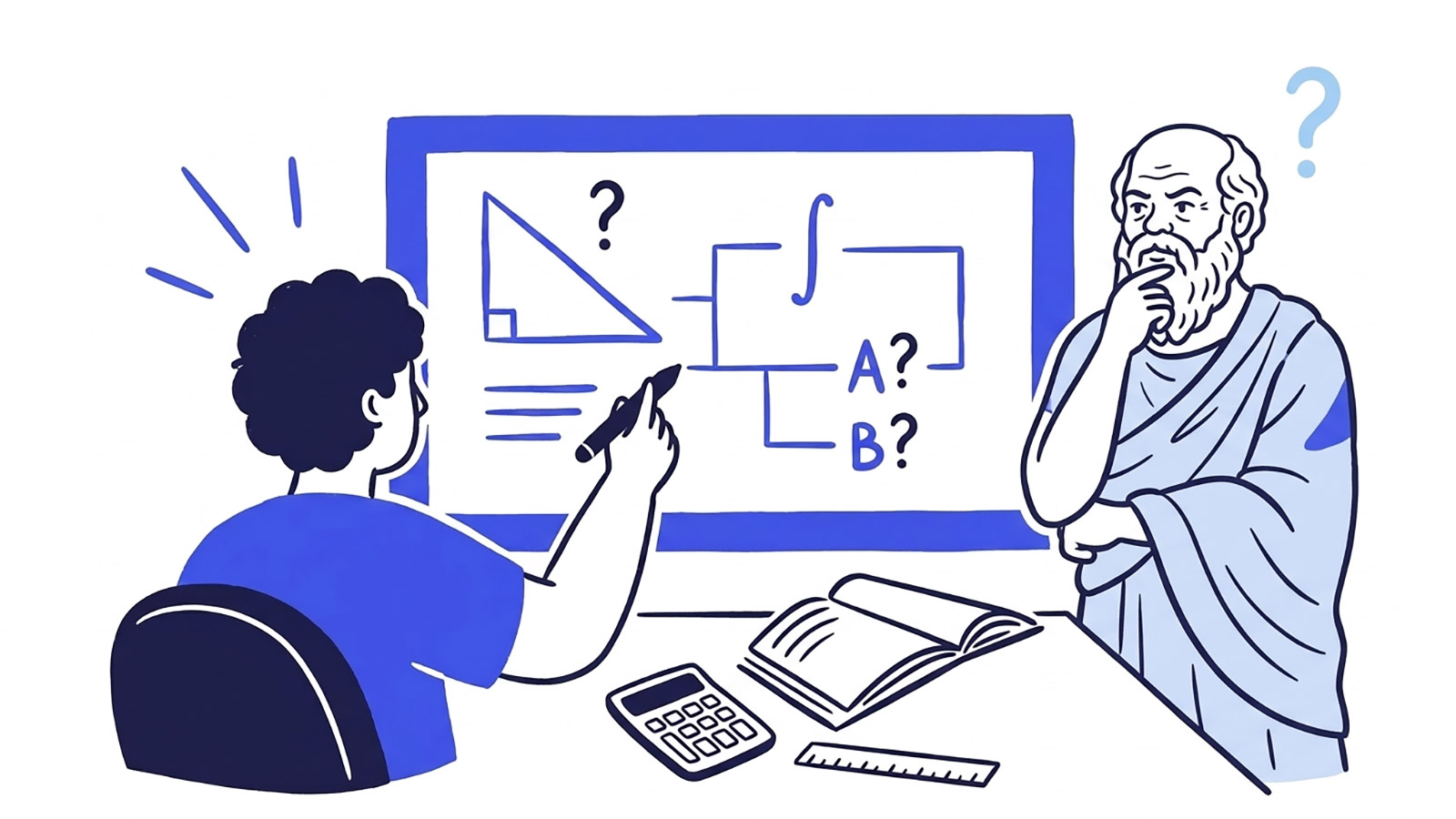 Socrates teaching maths next to whiteboard