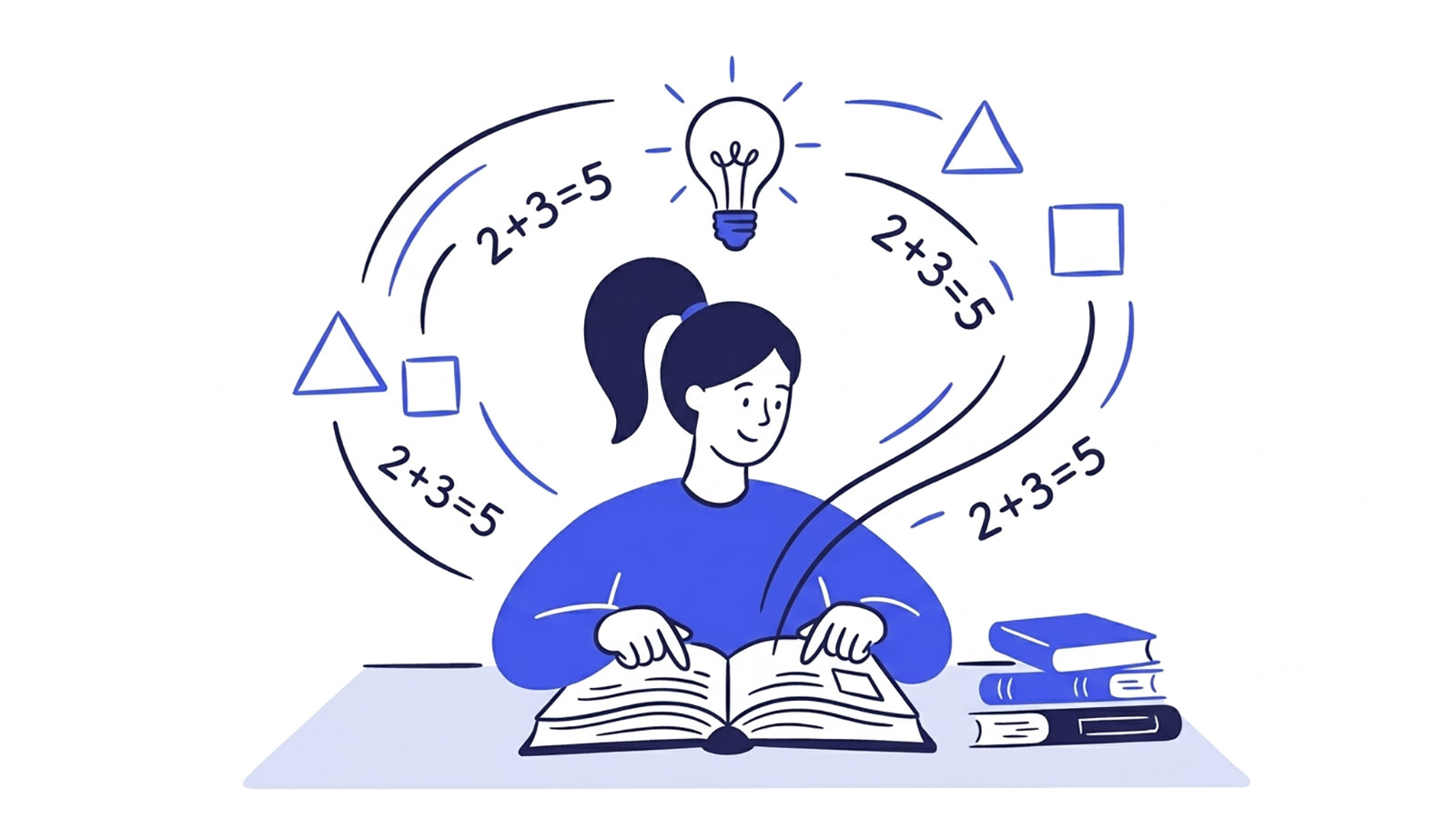 Girl learning maths with ideas flowing round her head