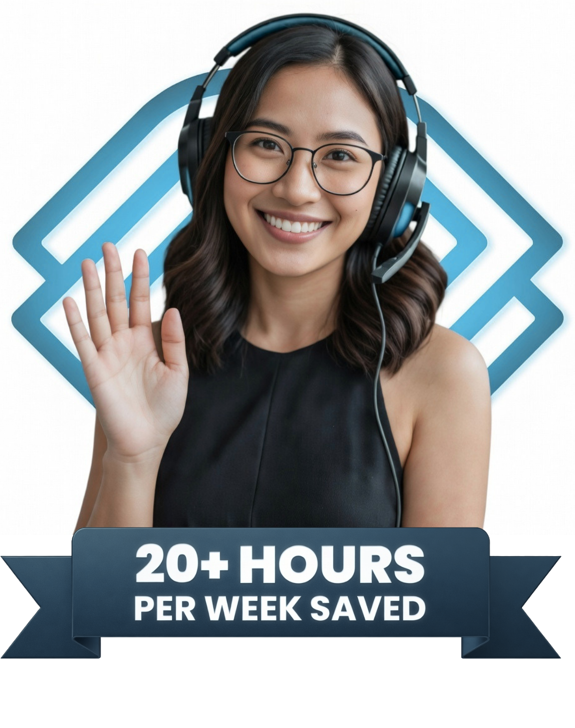 Smiling woman wearing glasses and a headset, waving with one hand, with text below stating 20+ hours per week saved.