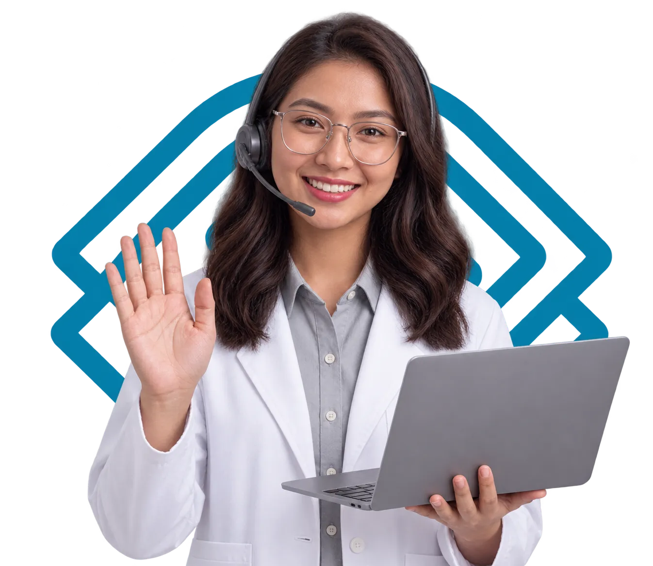 EyeCareWorks virtual assistant in a headset and white coat, waving