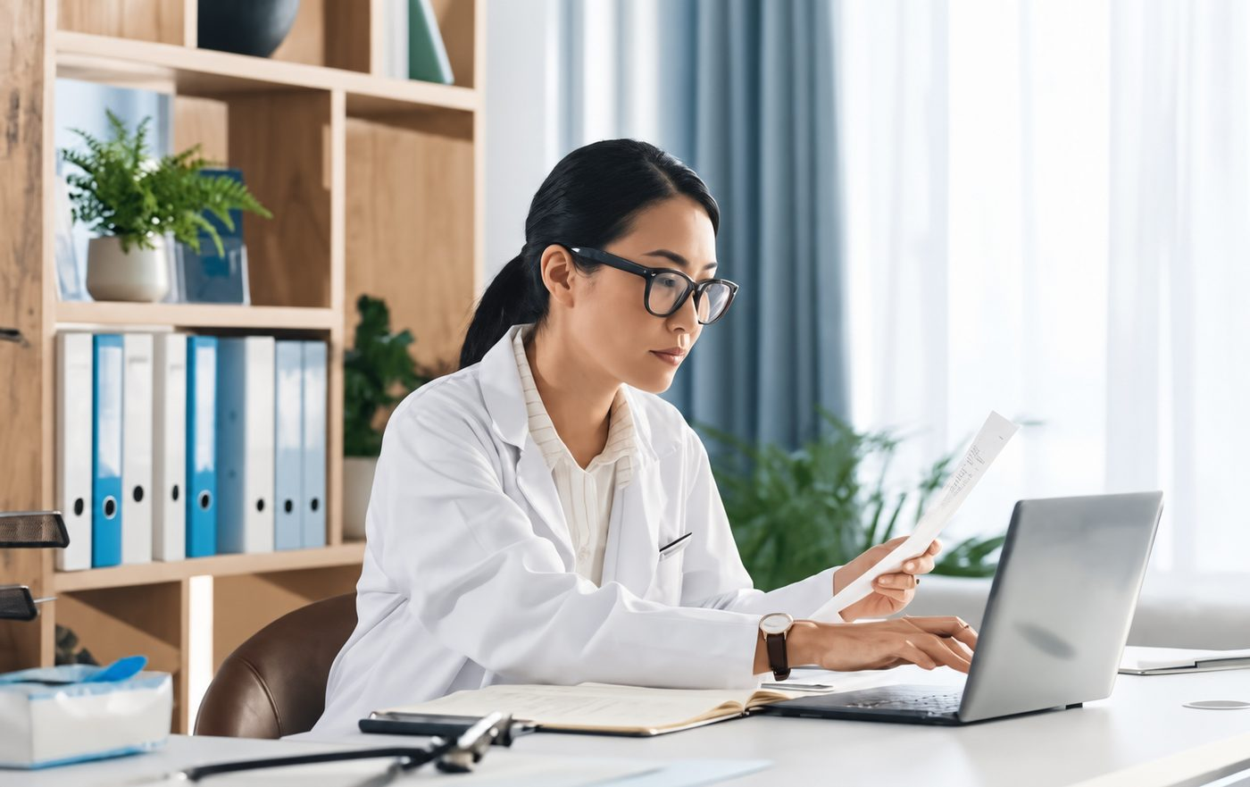 Healthcare-trained virtual assistant reviewing patient paperwork at a laptop in a home office