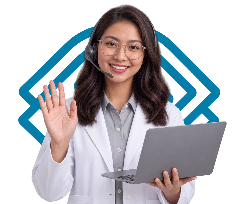 EyeCareWorks virtual assistant in a headset and white coat, waving