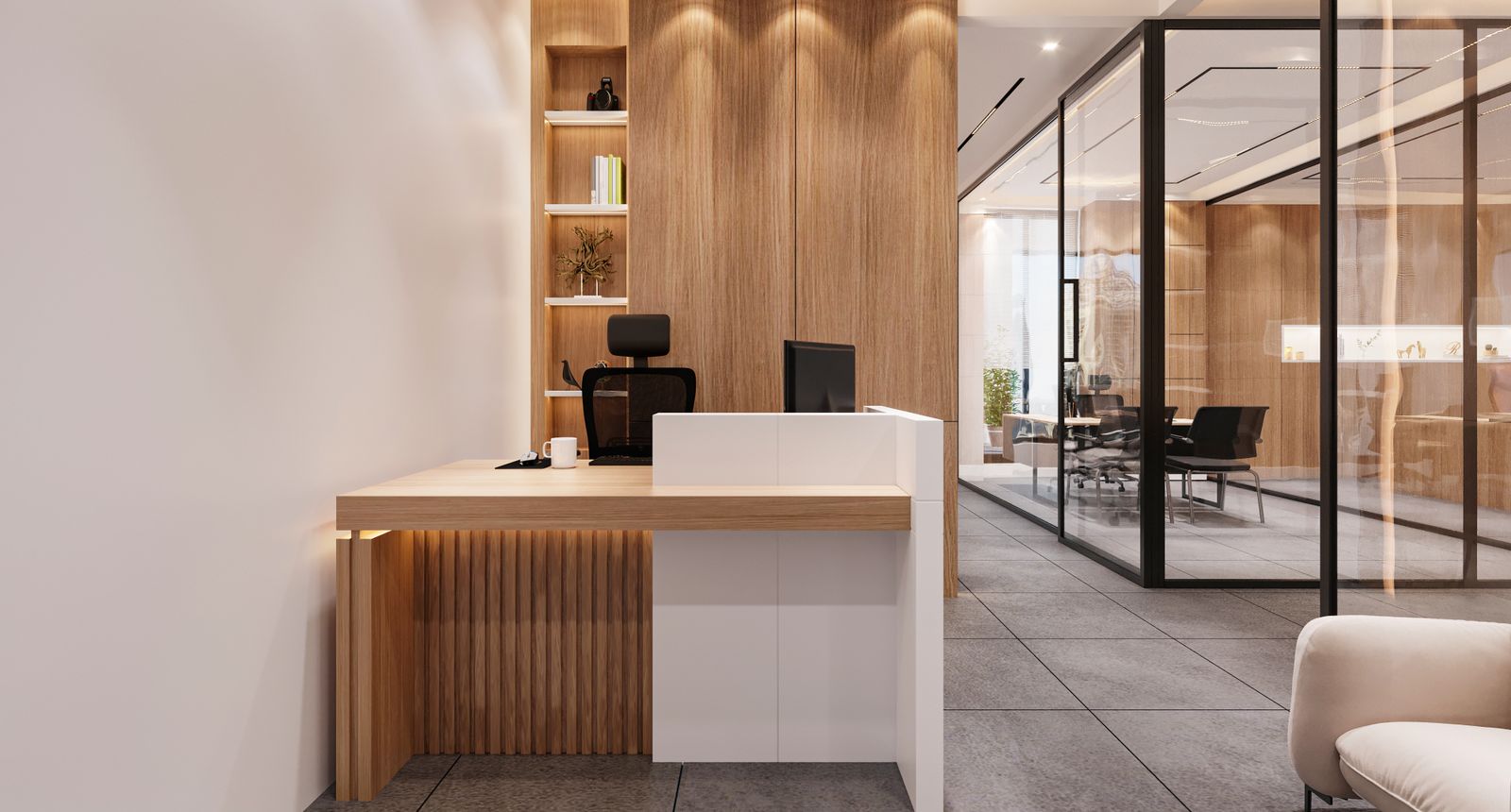 Contemporary office reception area in wood and glass