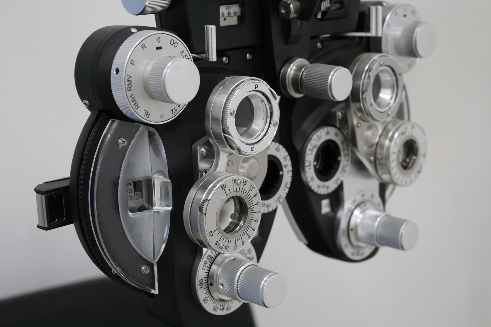 Close-up of a phoropter used during optometric pretesting