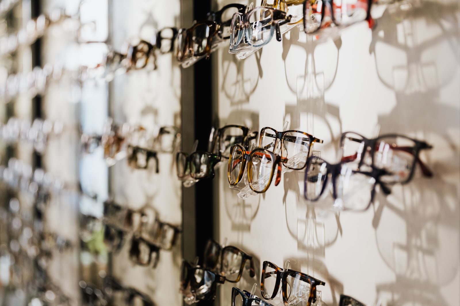 Eyeglasses displayed in an optical store during the busy season