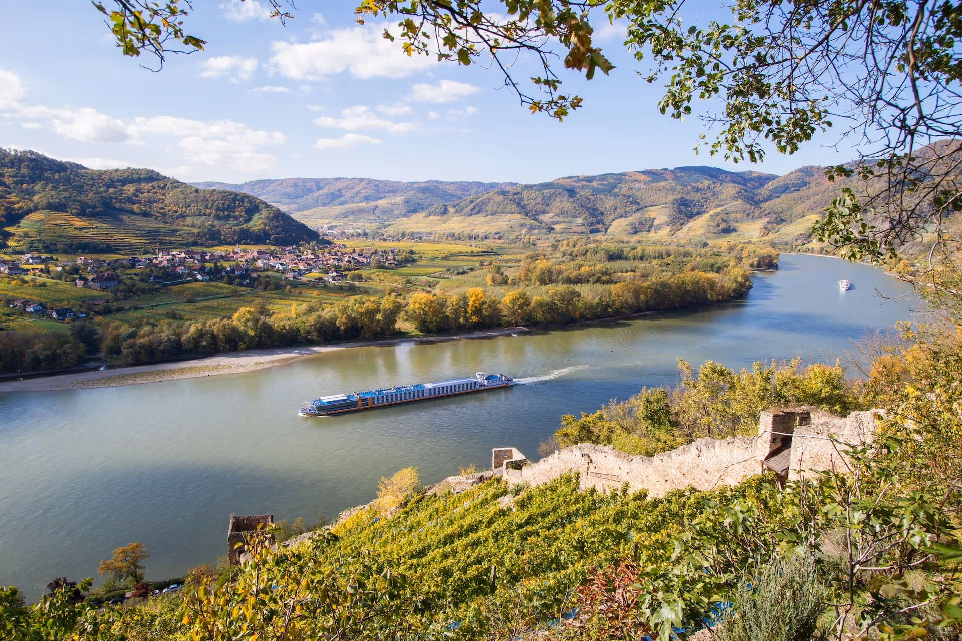 River winding through a green valley with hills, vineyards, and two boats cruising on the water under a partly cloudy sky.