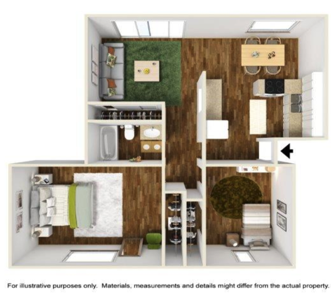 2 Bedroom/1 Bath floor plan layout