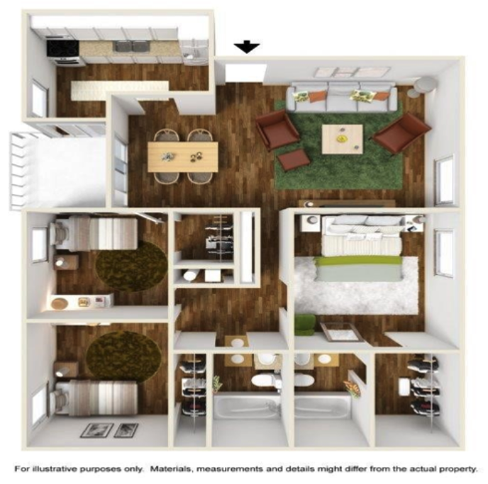 3 Bedroom/2 Bath floor plan layout