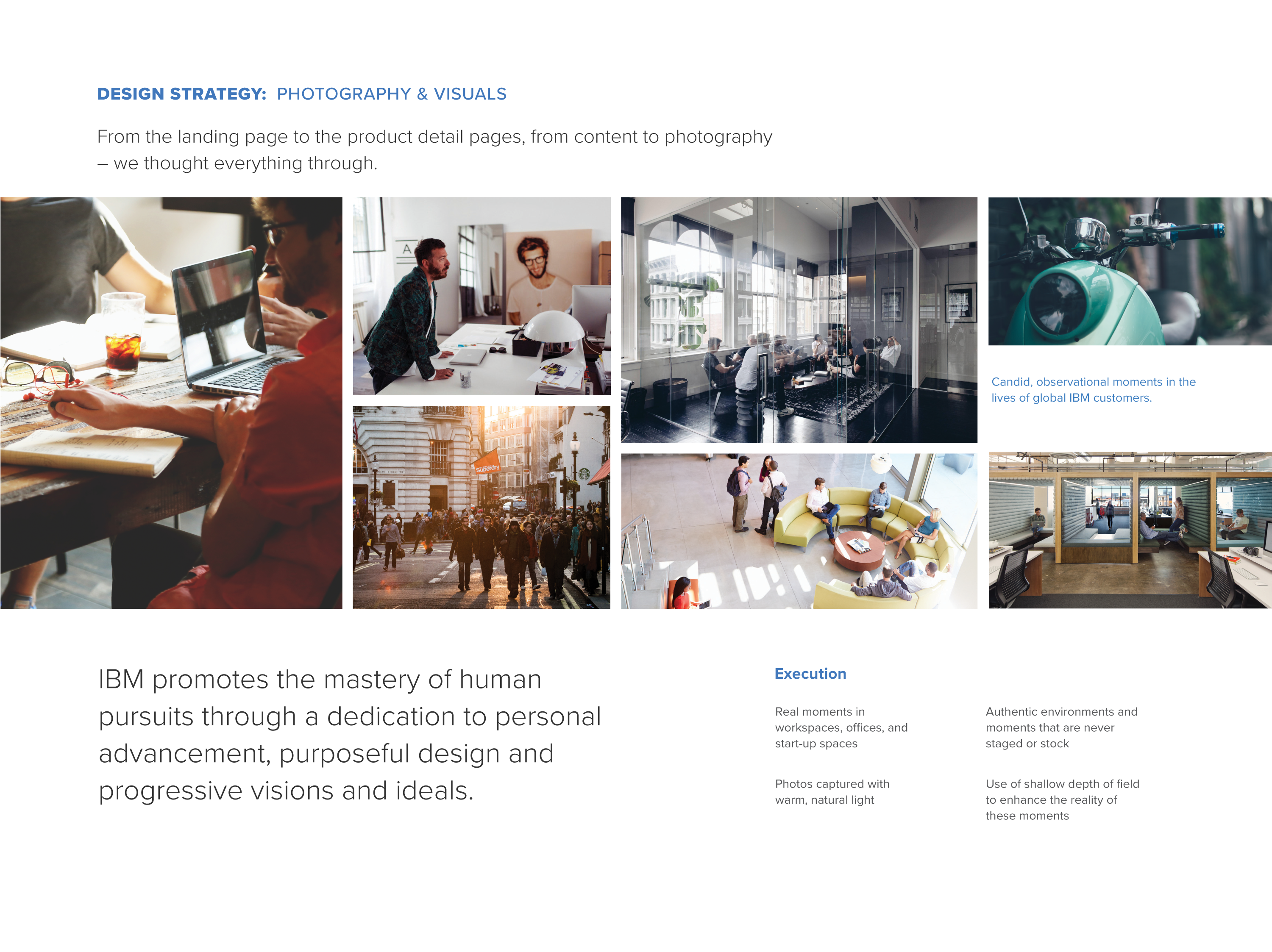 IBM design strategy photography direction showing authentic workplace environments and real moments of enterprise technology users
