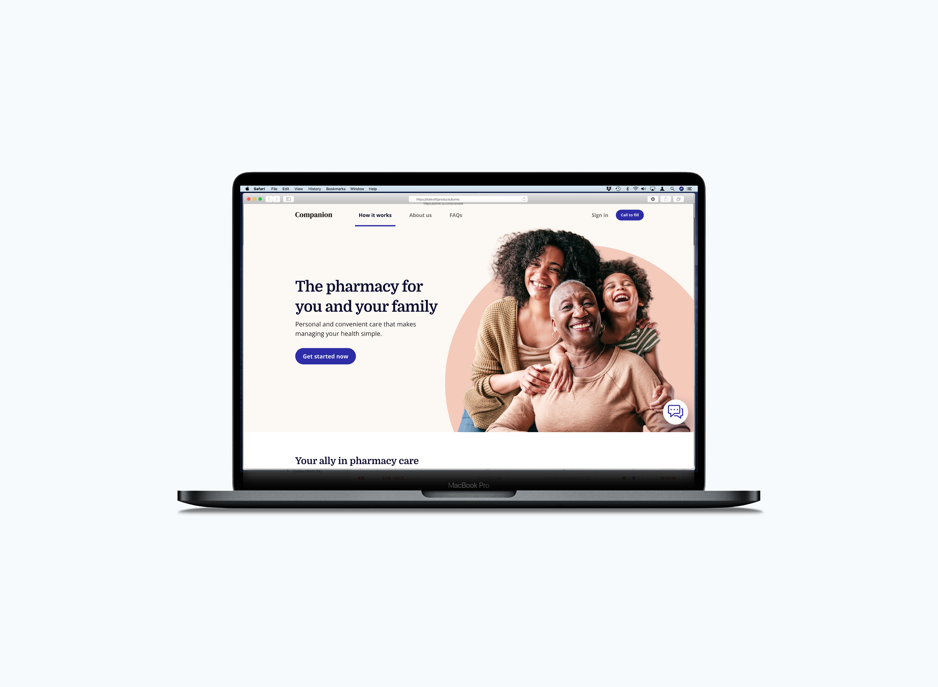 digital pharmacy platform homepage showing patient onboarding and prescription ordering interface