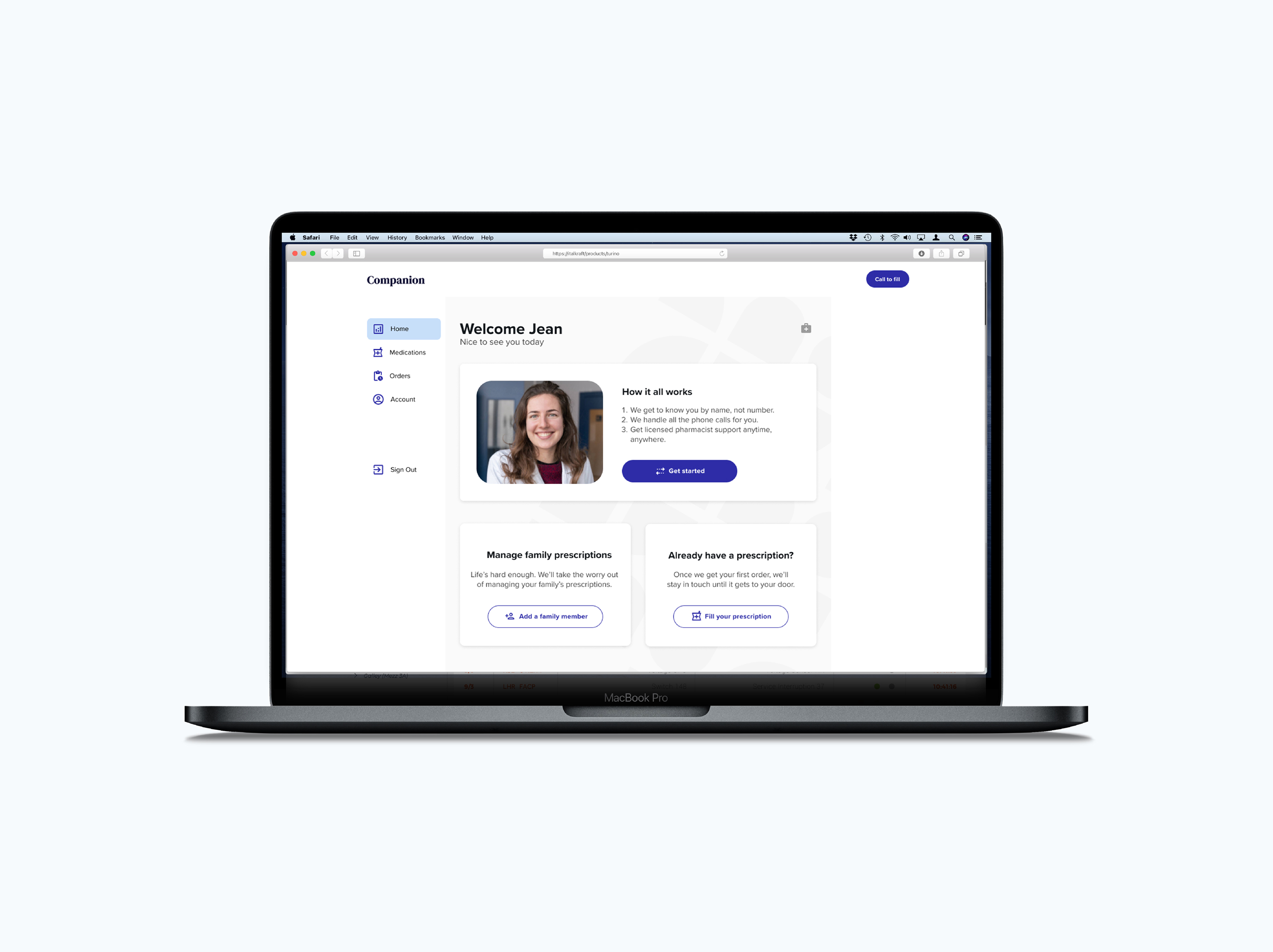 digital pharmacy platform dashboard showing welcome screen, prescription management, and patient navigation interface