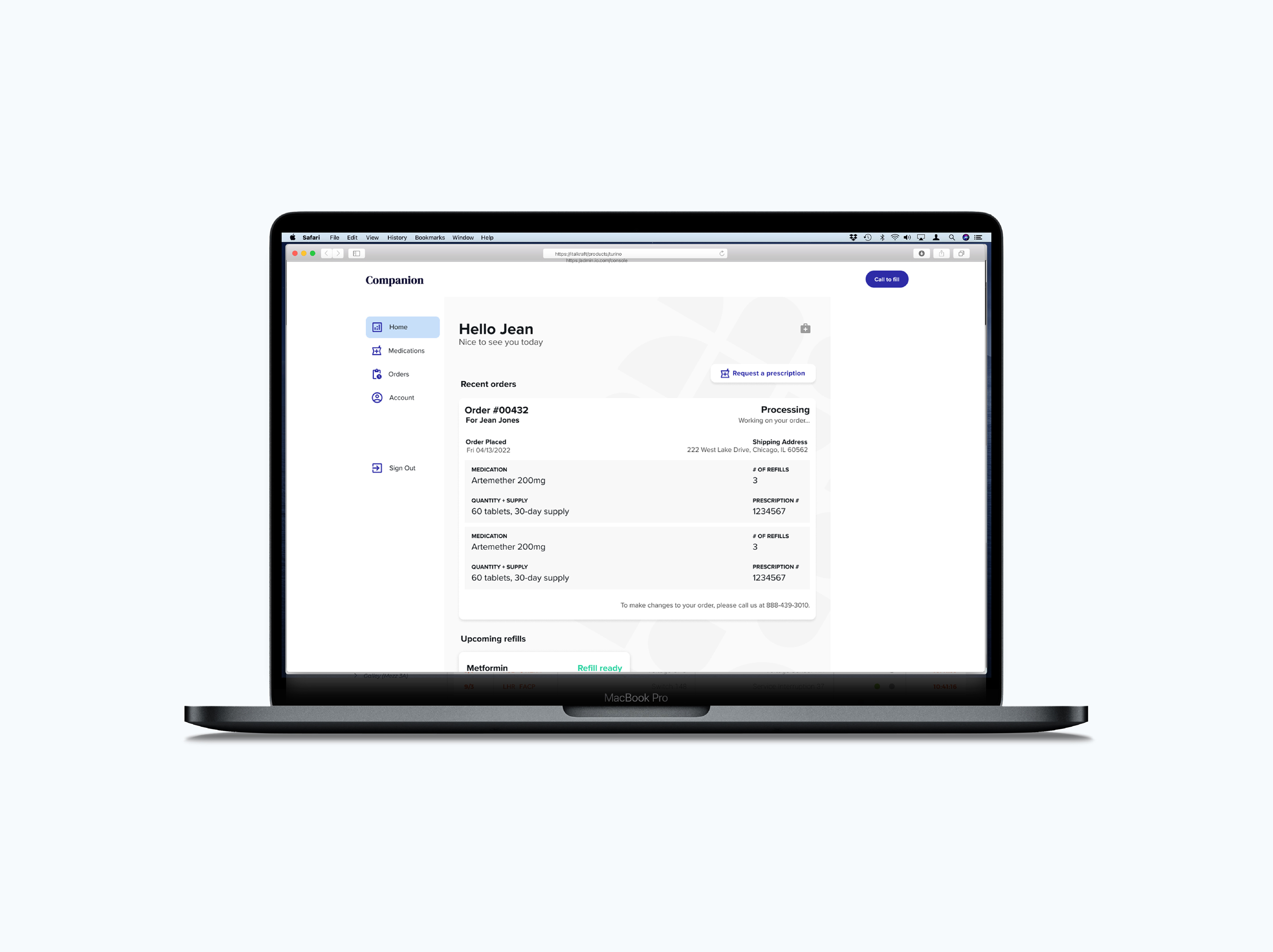 digital pharmacy patient dashboard showing prescription order details, medication history, and refill status