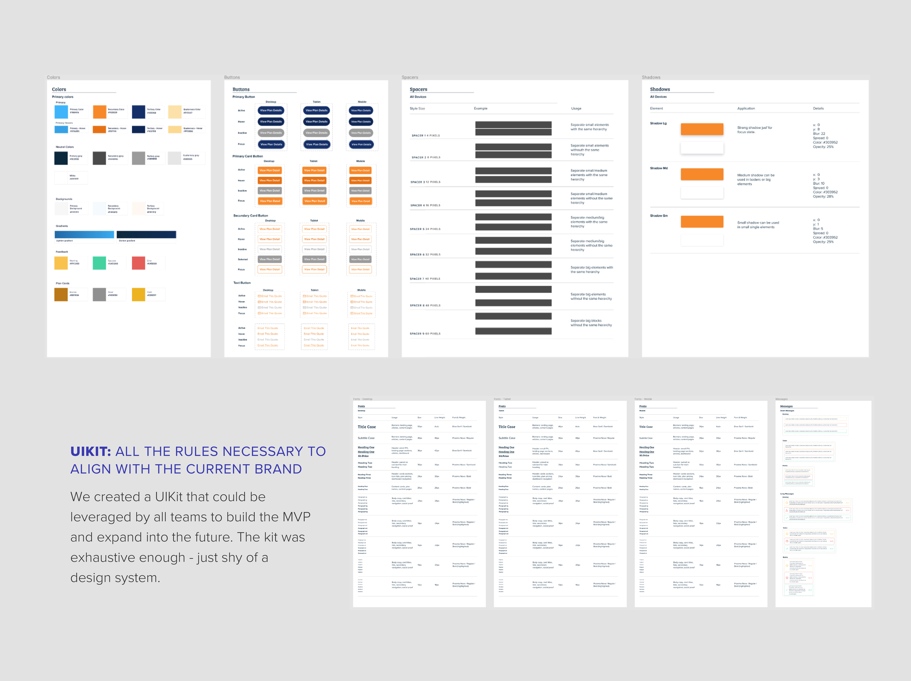digital pharmacy UI kit defining colors, buttons, spacing, shadows, and typography rules used to build the healthcare platform MVP