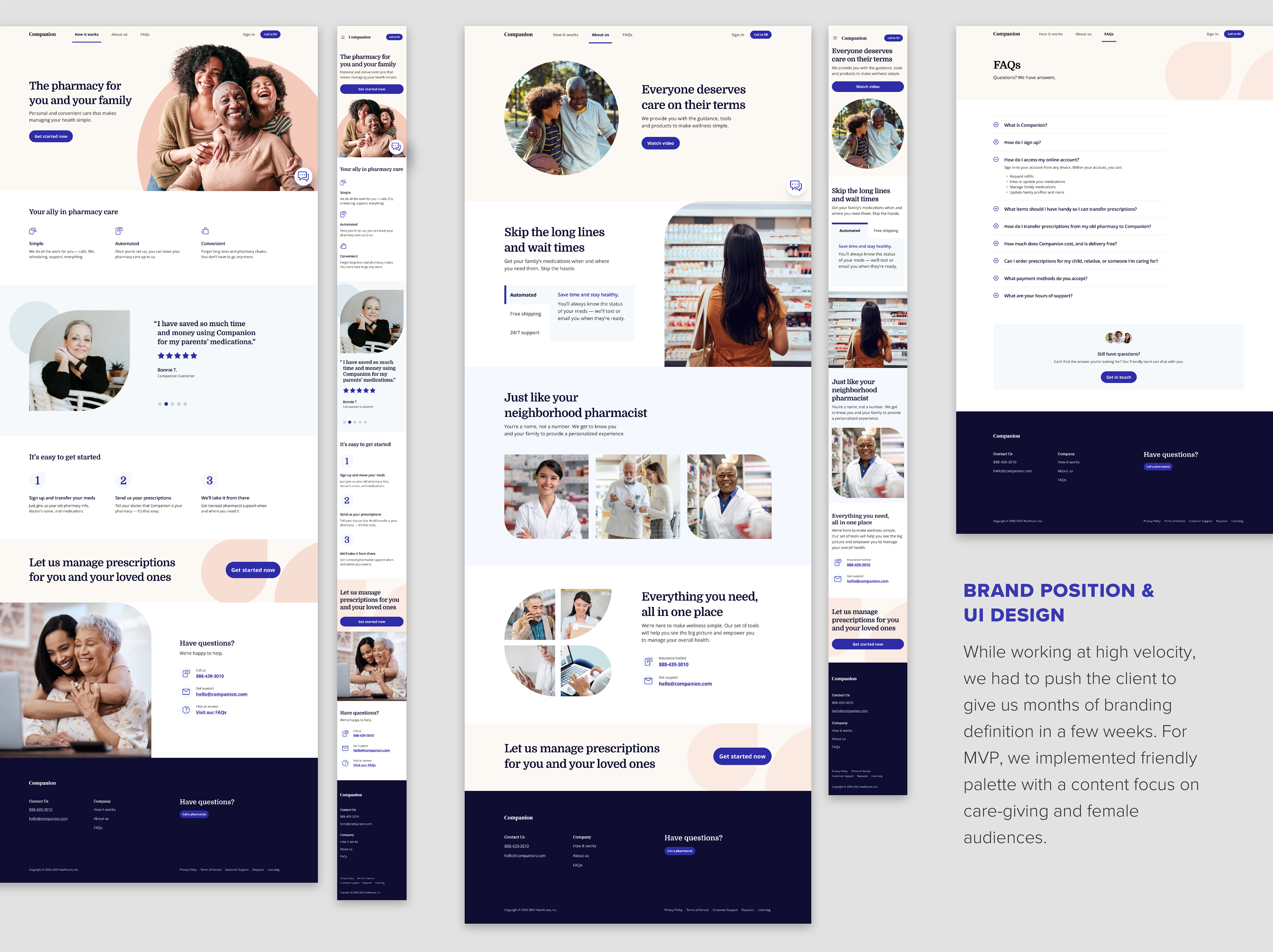 digital pharmacy marketing website and product interface designs showing responsive layouts for desktop and mobile experiences