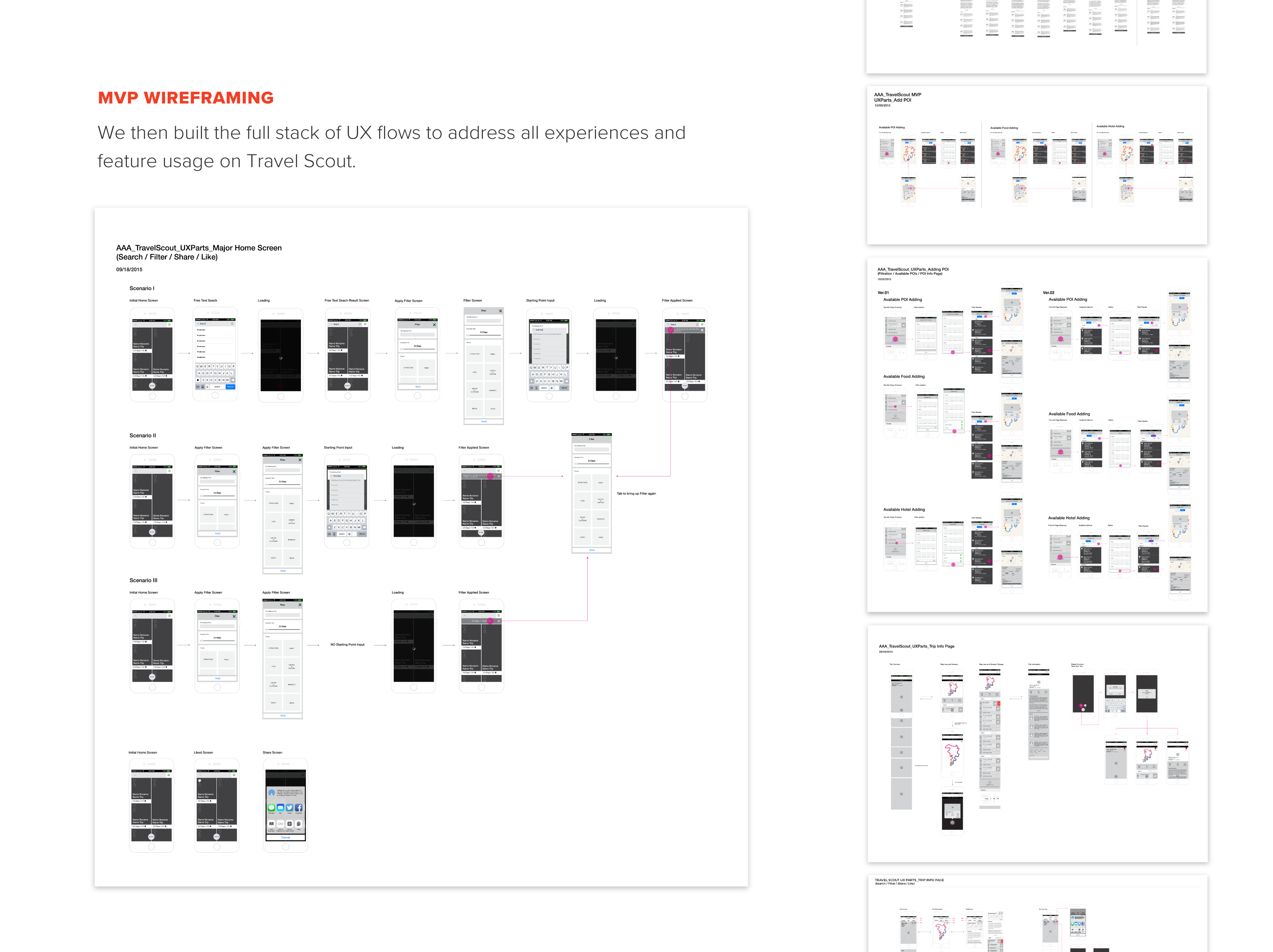 AAA Travel Scout MVP wireframes illustrating mobile UX flows for search, filtering, sharing, and trip interaction