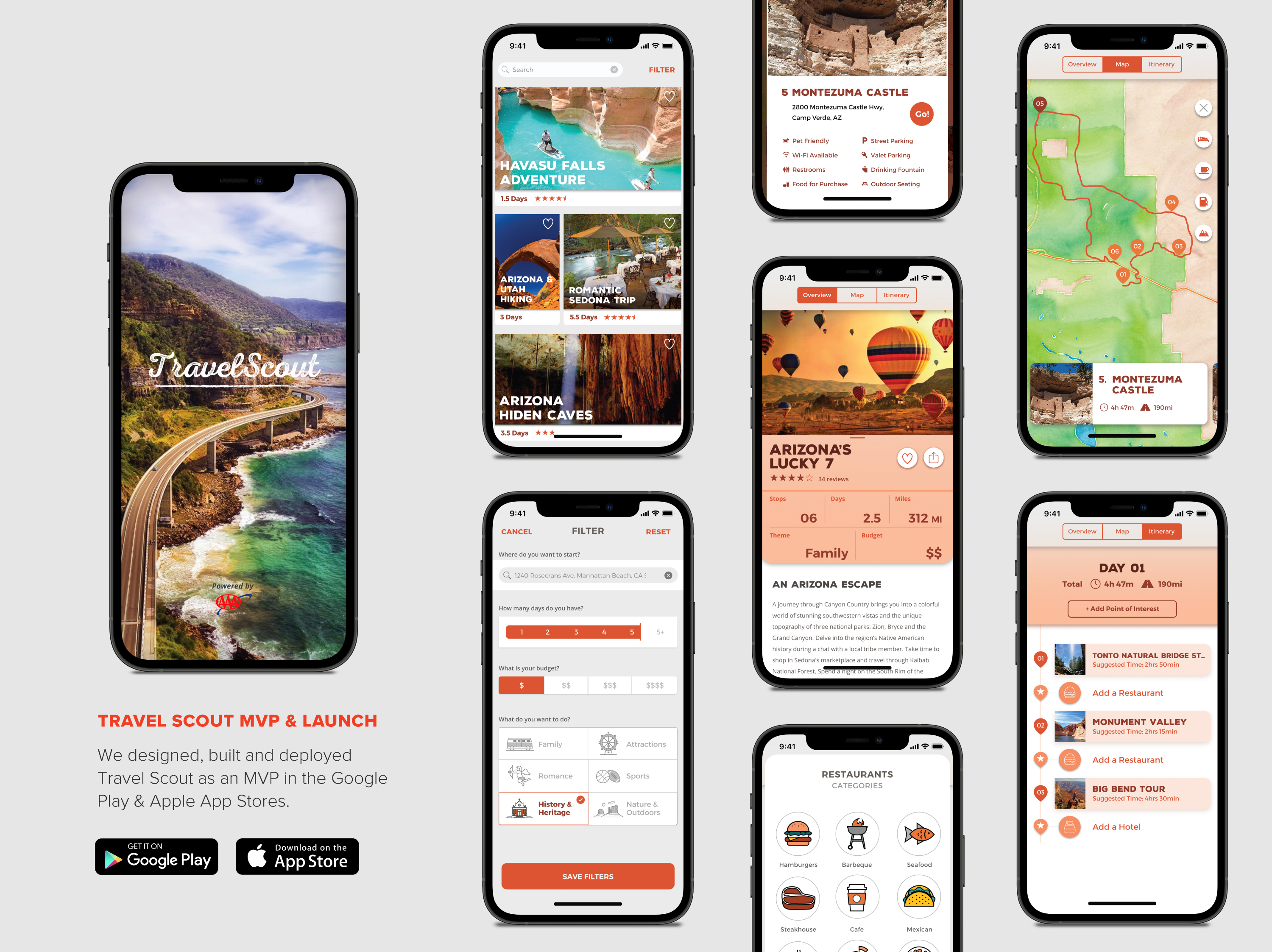 AAA Travel Scout MVP mobile app interface showing road trip discovery, trip filters, itinerary planning, and POI exploration